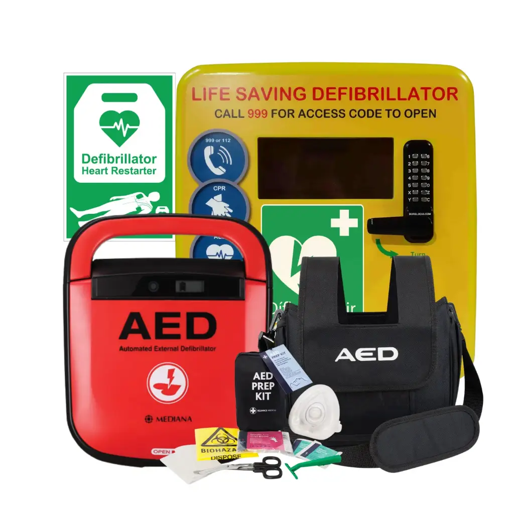 BUNDLE DEAL | Mediana HeartOn A15 AED & Polycarbonate Outdoor Cabinet, Locked