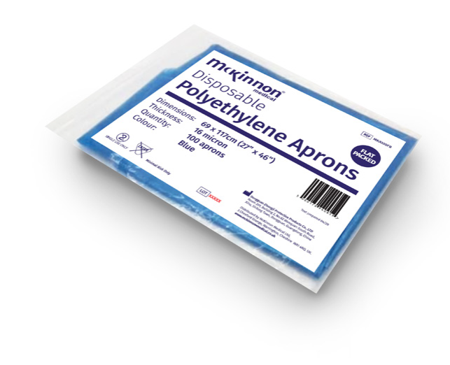 [MKA100FB] McKinnon Polyethylene Aprons Blue Flat Packed 16mu 100's